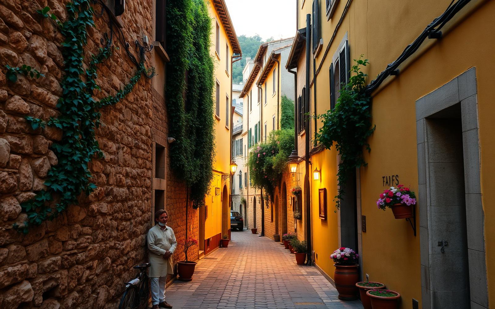 Rua de pedra de um vilarejo italiano ao entardecer